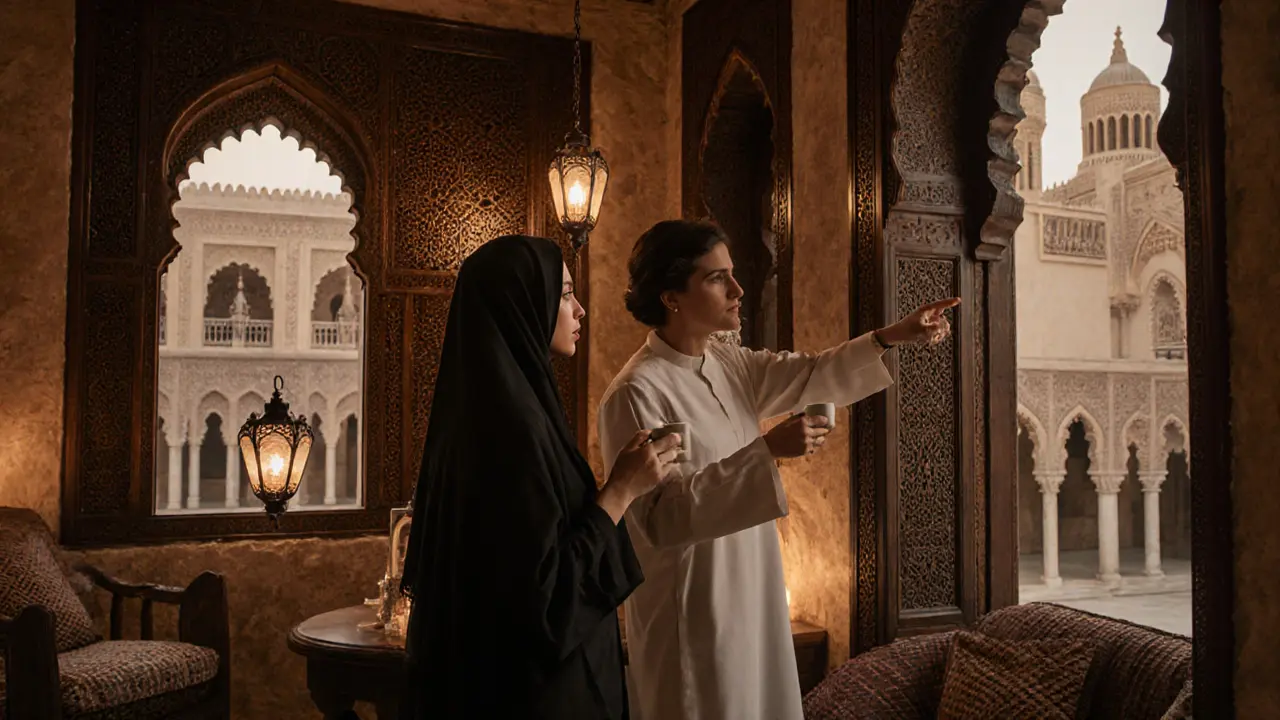 A cultural companion explaining historic architecture to a guest in Al Fahidi's lantern-lit courtyard.
