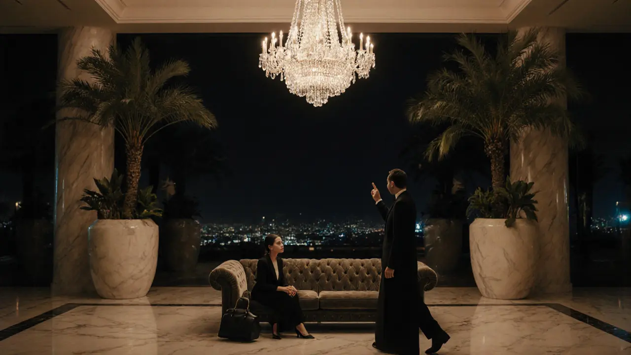 A discreet companion waiting calmly in a luxury hotel lobby, ready for an evening out.