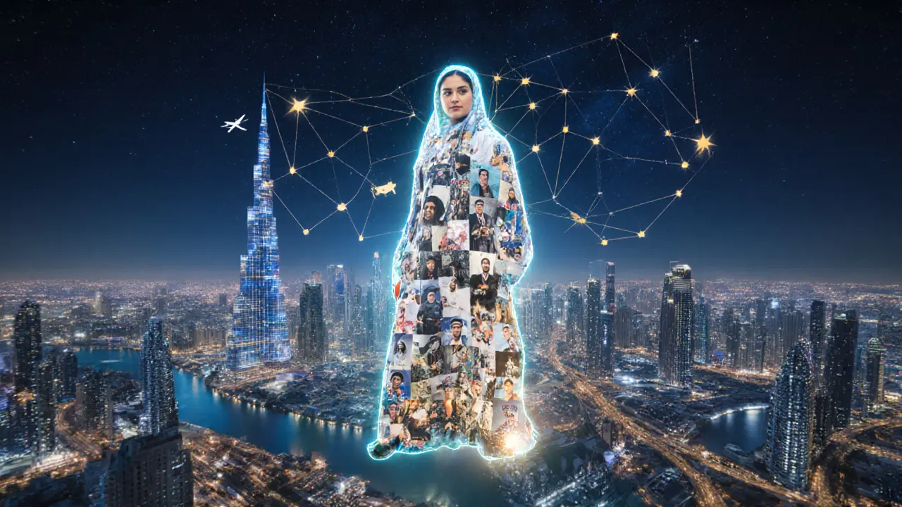A glowing abaya hovers over Dubai’s skyline, its fabric made of tiny images of women builders, artists, and innovators.