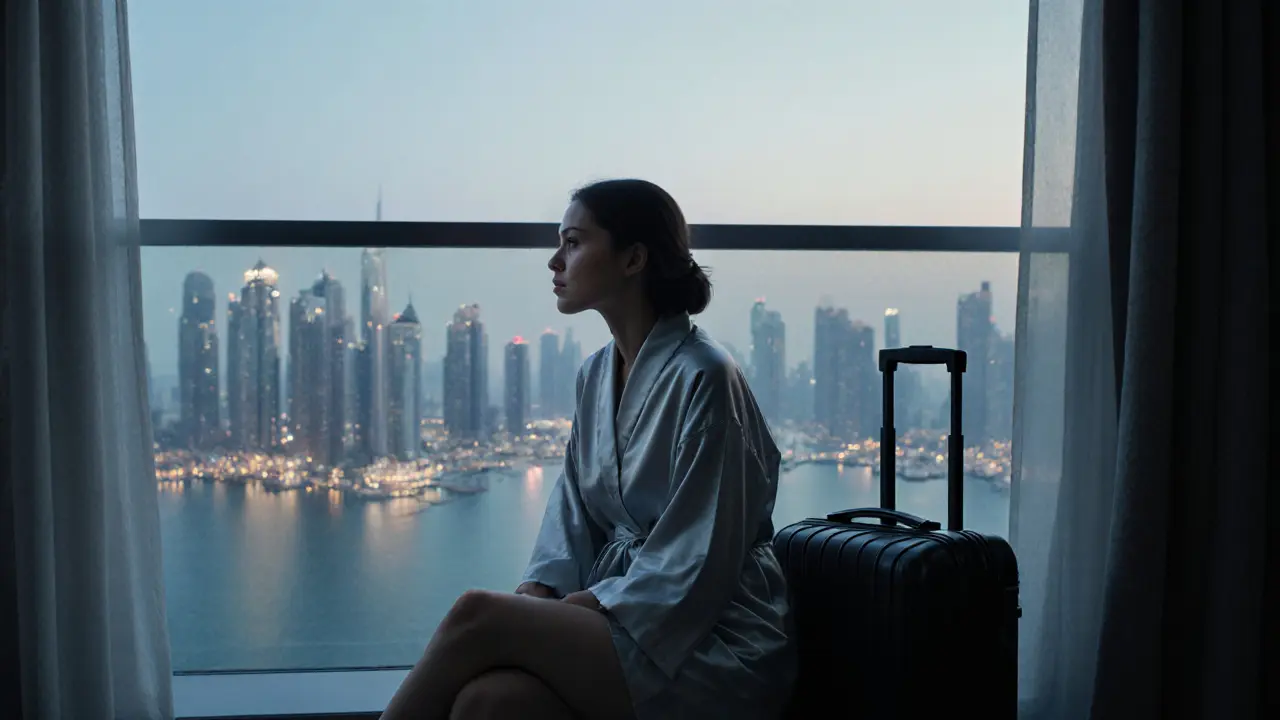A lonely woman on a Dubai hotel balcony at dawn, gazing at the skyline with quiet sorrow.
