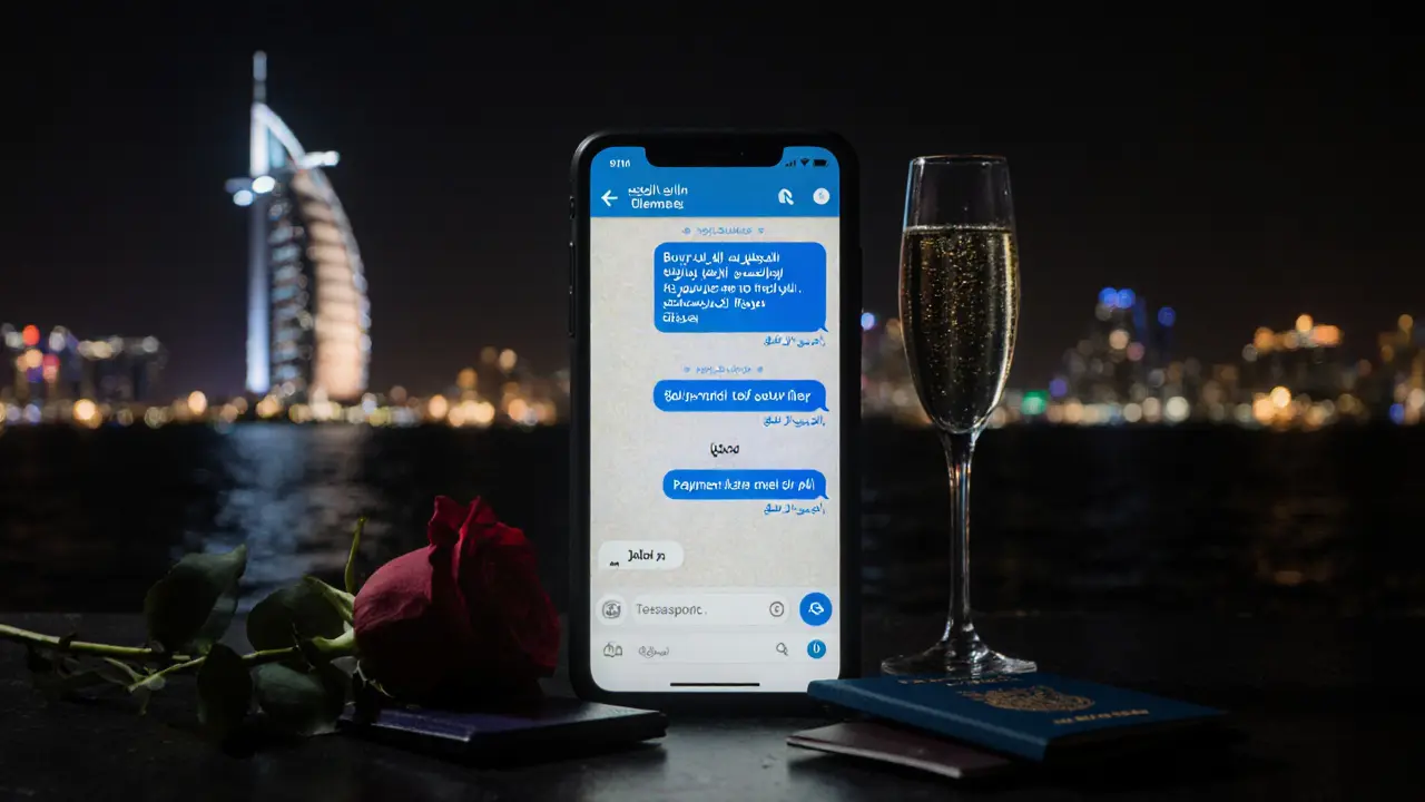 A smartphone showing hidden escort chat messages with a passport and champagne nearby.