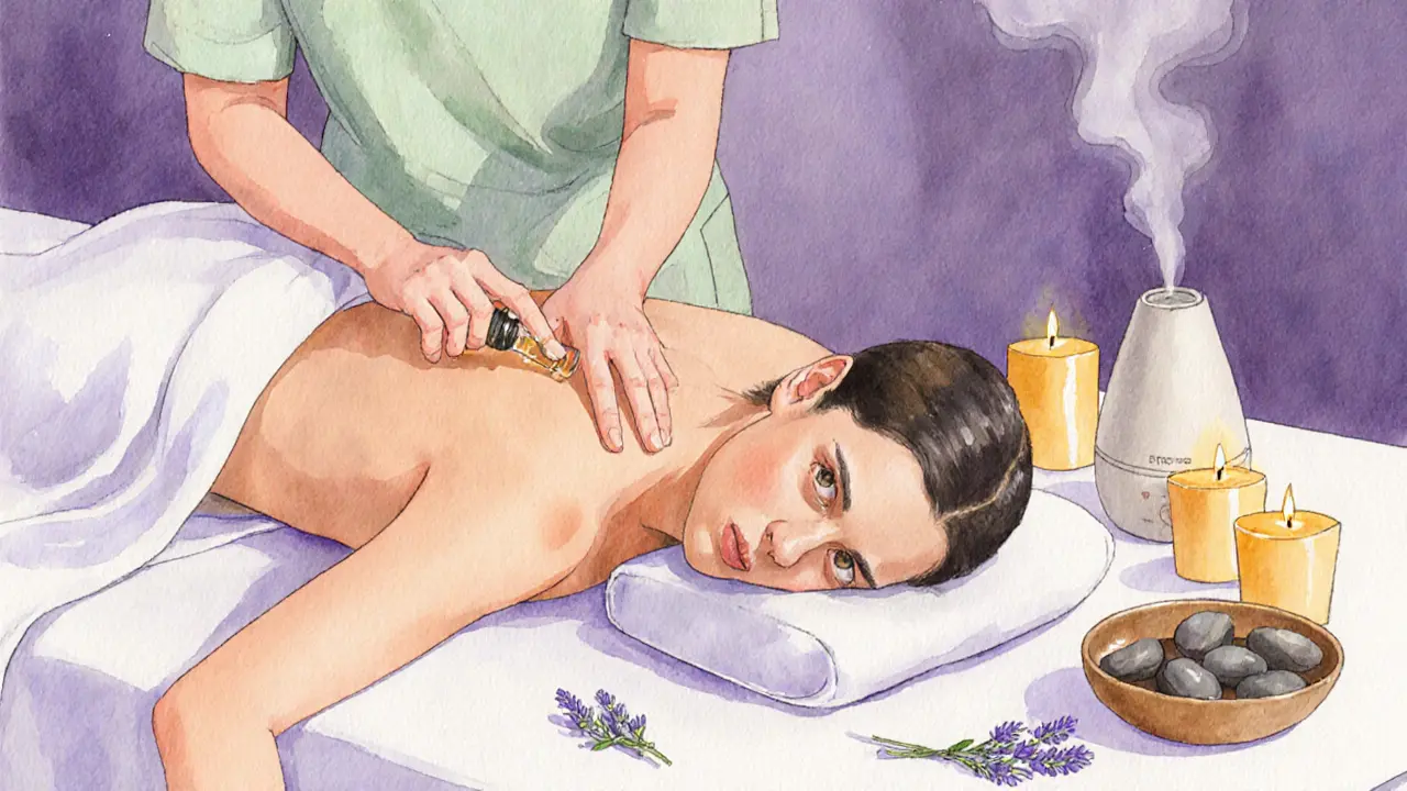 Aromatherapy massage with lavender oil, candles, and diffuser in a cozy home setting.