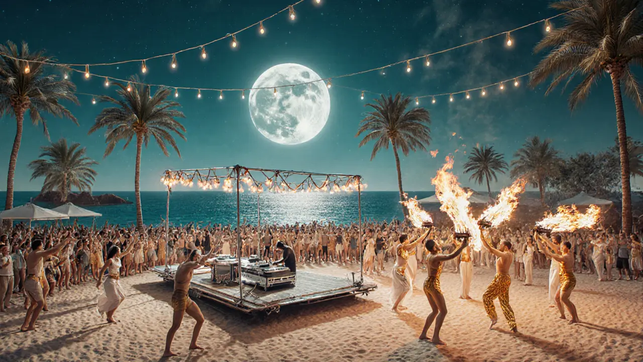 Beach club party at night with fire dancers, full moon, and crowd dancing on sand under string lights.