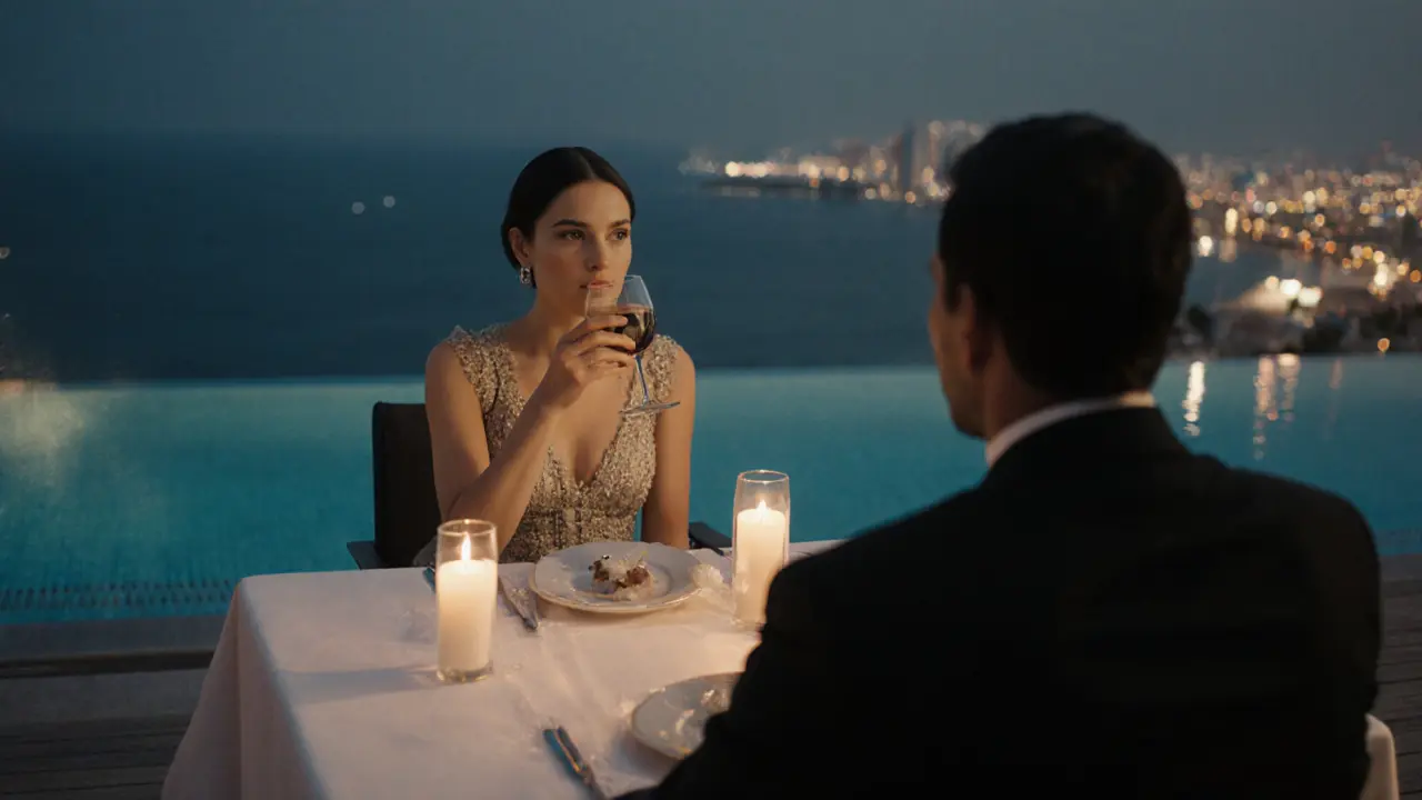 Candlelit rooftop dinner in Palm Jumeirah with city lights and infinity pool in background.