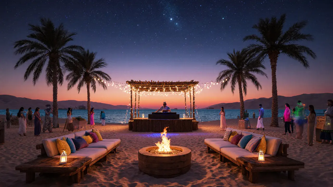 Desert beach party at sunset with lanterns, DJ booth on sand, and the Gulf horizon transitioning to night.