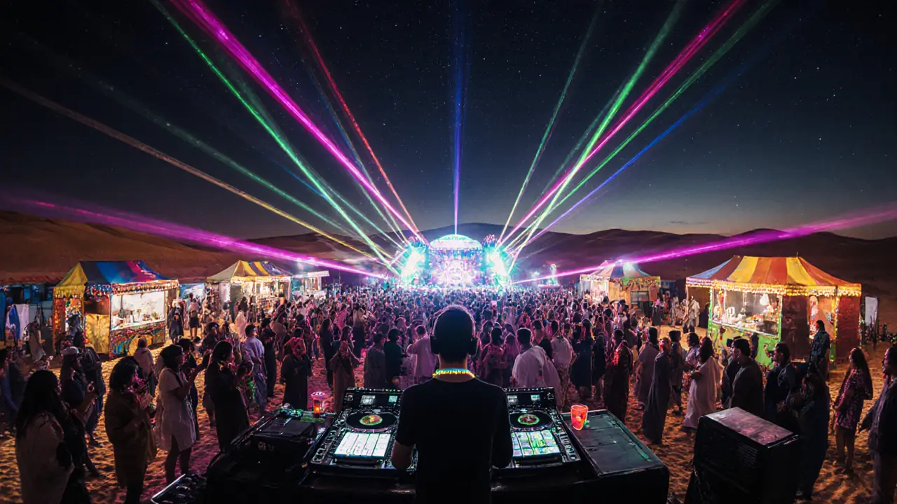 DJ on stage under laser lights with dancing crowd and illuminated food trucks at night.