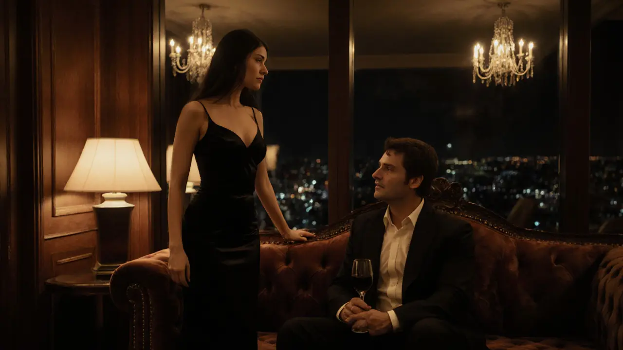 Elegant escort and client sharing a relaxed moment in a luxury hotel lounge.