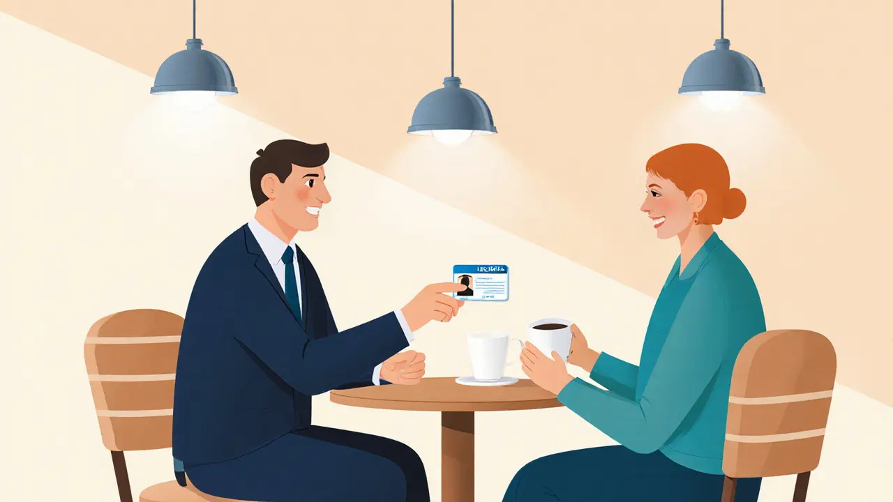 Escort and client exchanging IDs over coffee in a bright café.