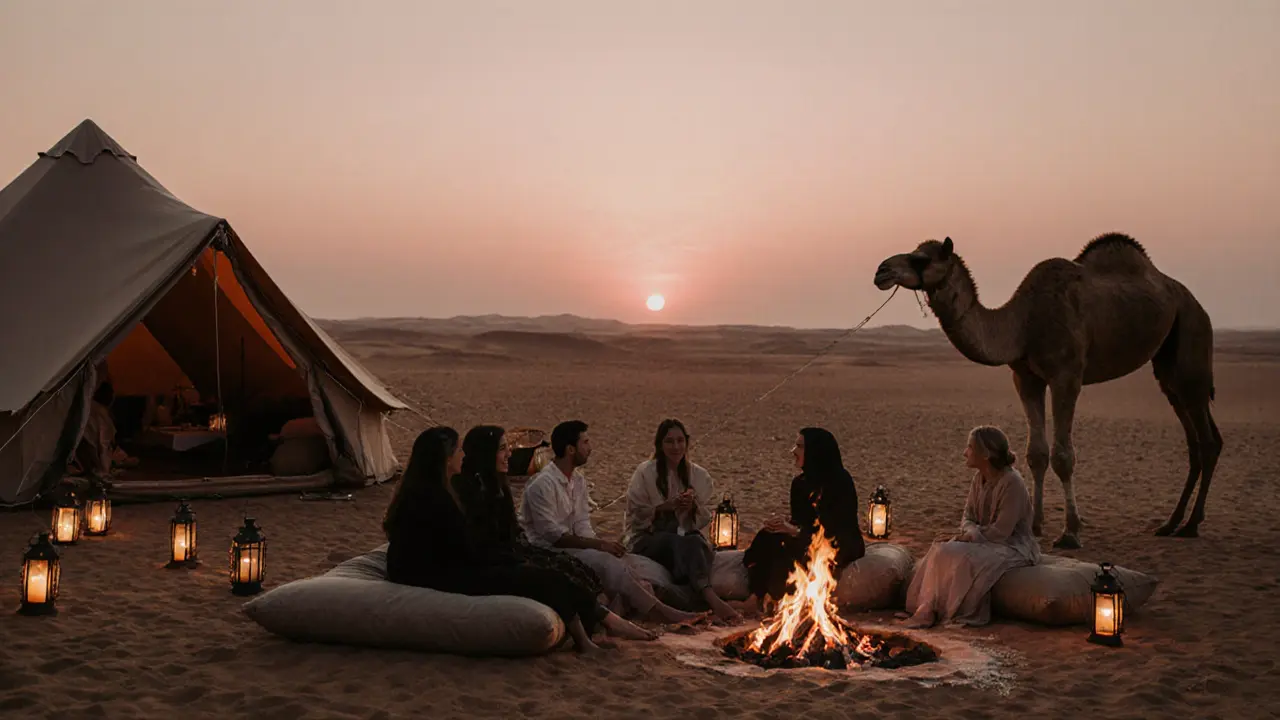 Guests gather around fire pits at sunrise with soft pink sky and a camel nearby.