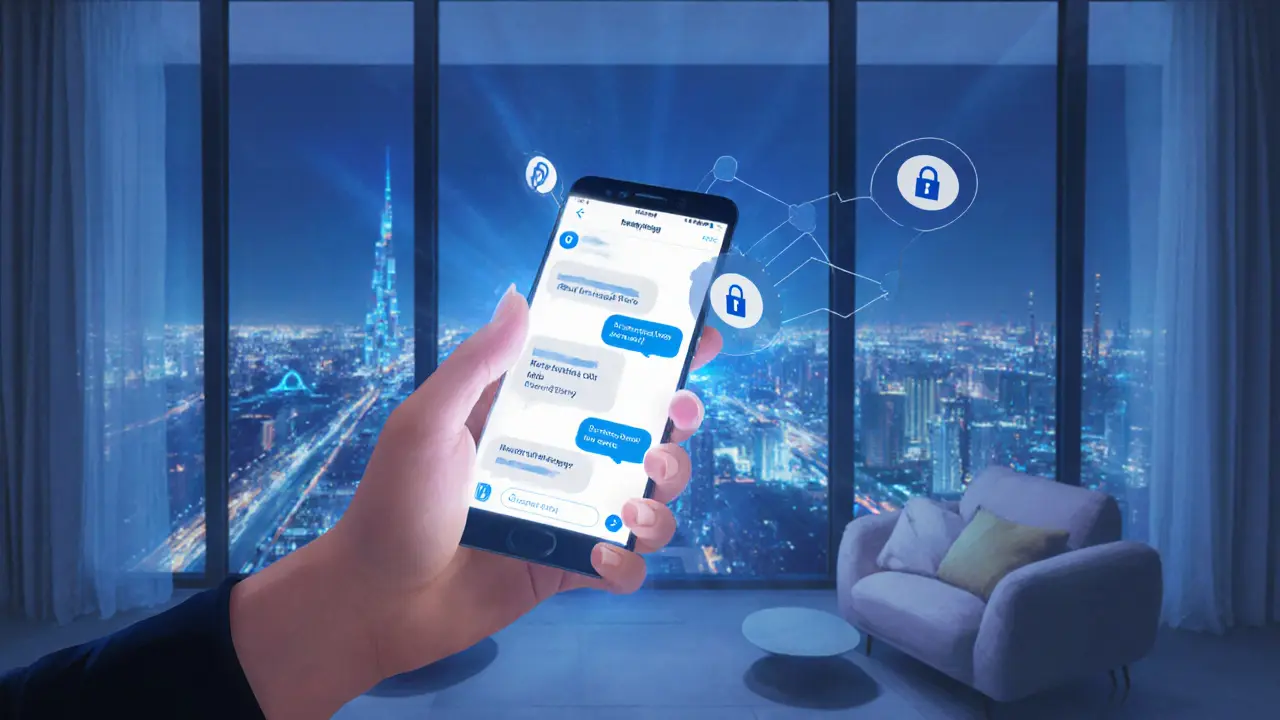 Hand holding phone with encrypted app icons against Dubai night view.