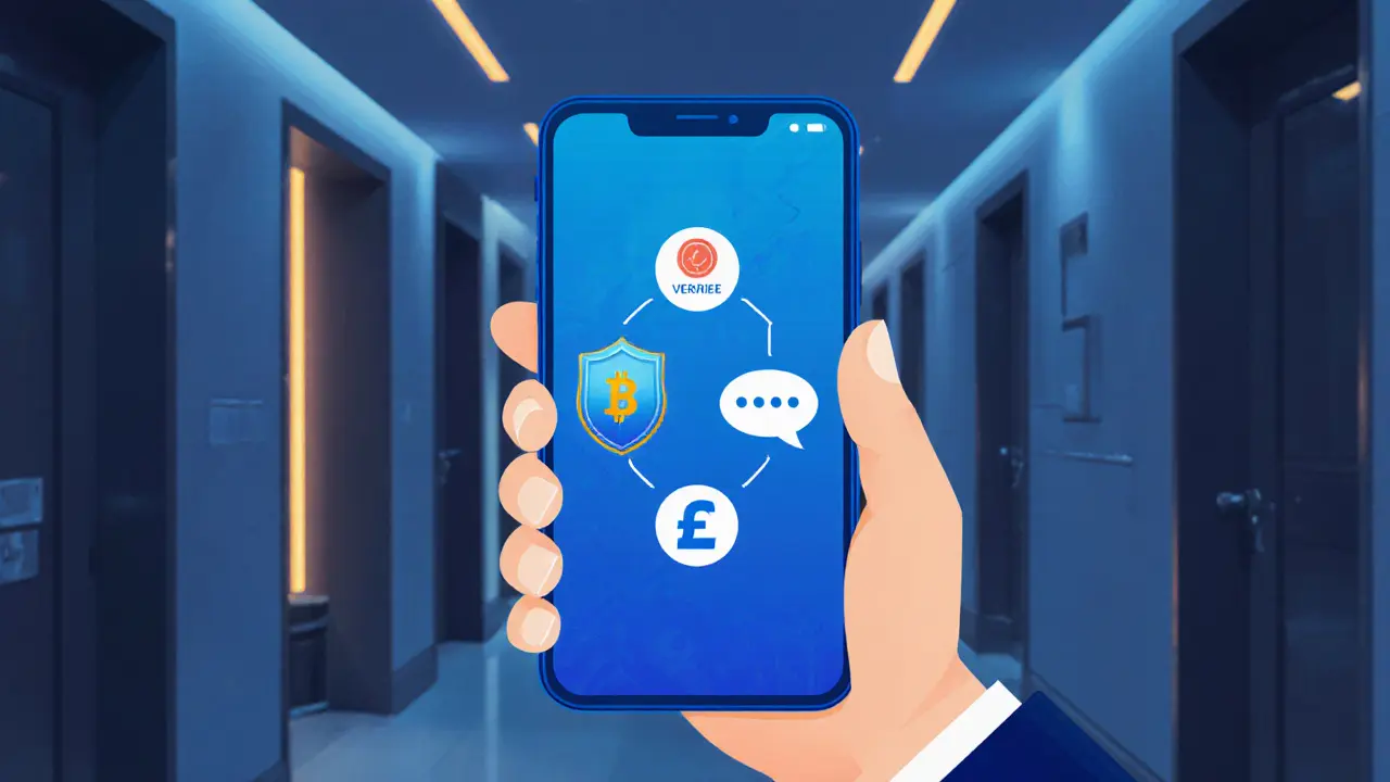 Hand holding smartphone showing abstract secure booking icons, with blurred hotel backdrop.
