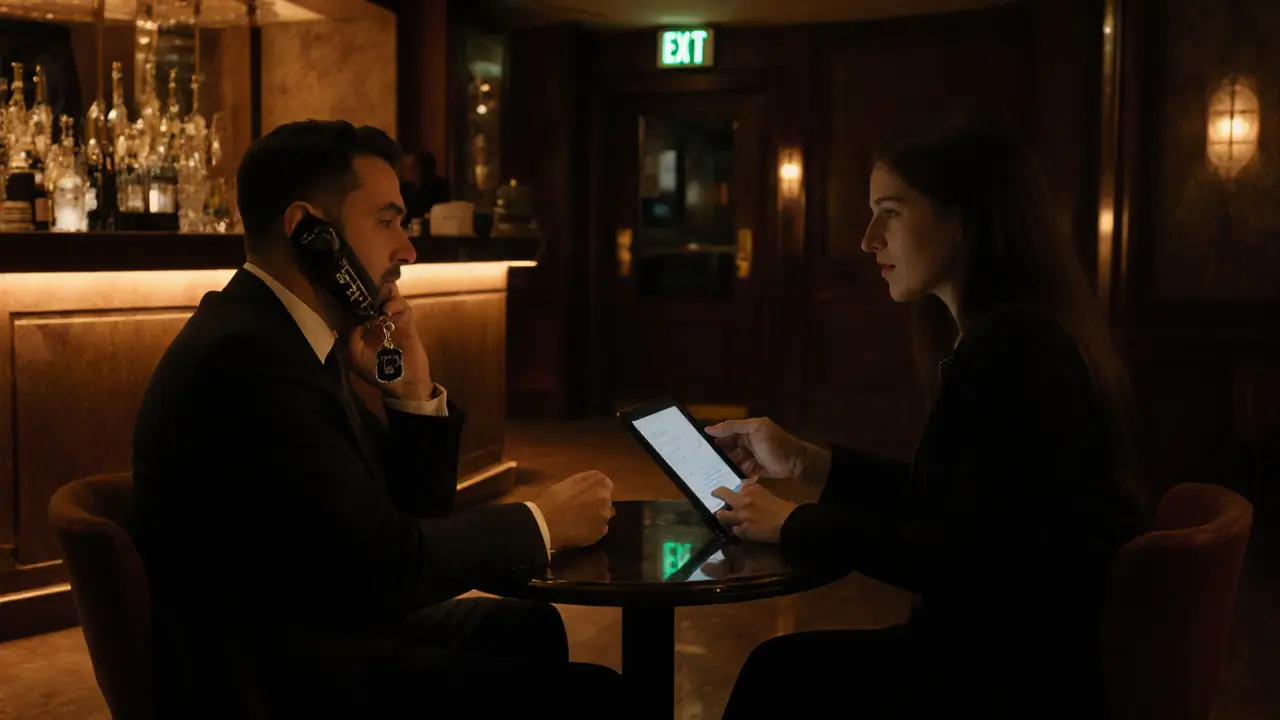 Hotel bar scene with client verifying escort via video call and safety keychain visible.