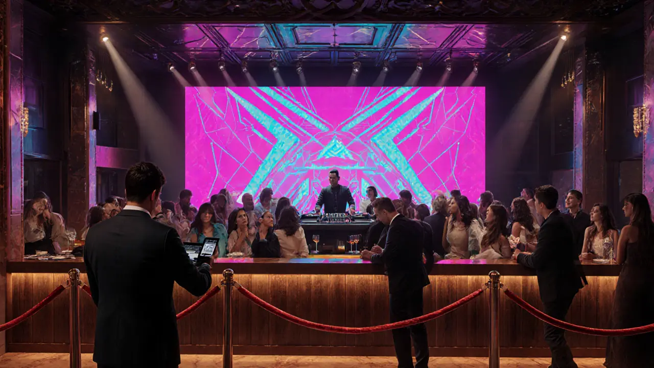 Interior of a Dubai nightclub with velvet rope, stylish patrons, and a DJ under colorful LED lights.