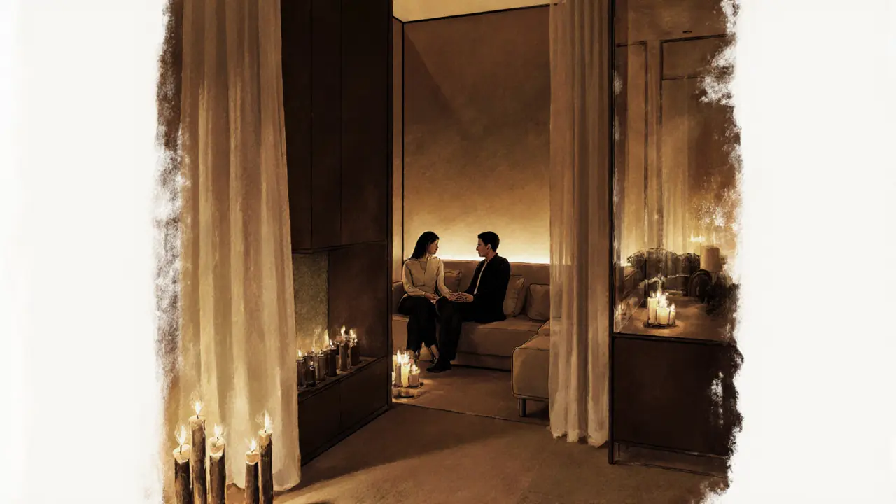 Intimate boutique massage lounge with a partially hidden couple seated.