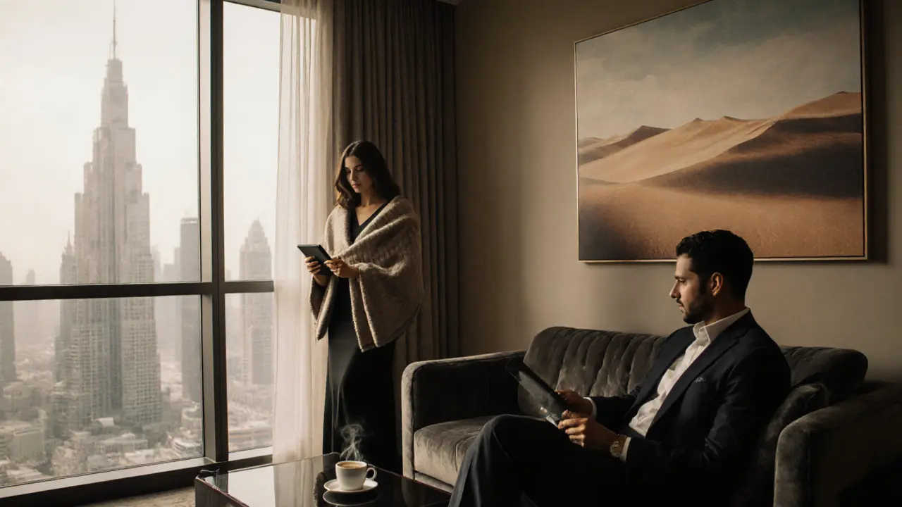 Luxurious hotel suite with a woman and man discussing plans, city skyline visible outside.
