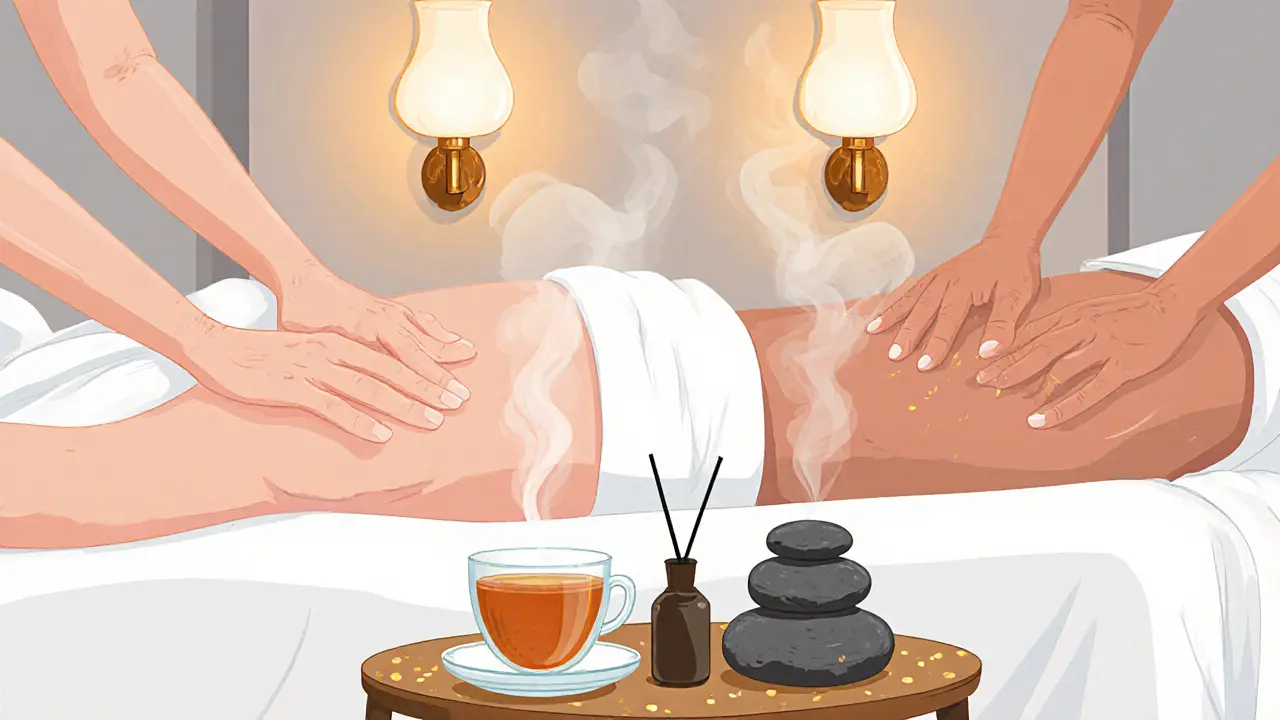 Luxurious spa room shows therapists performing Swedish, deep tissue, aromatherapy, and hot stone massages.