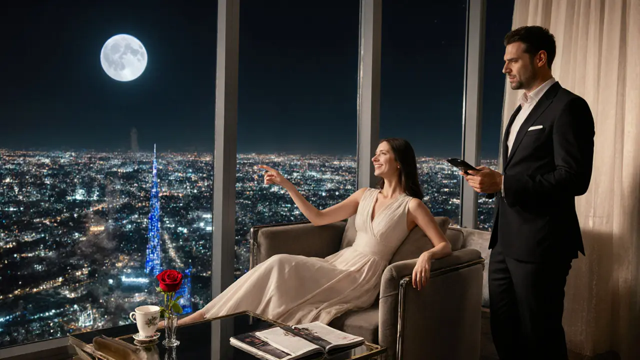 Luxury hotel balcony night scene with a woman relaxing, a coffee set, and city lights.