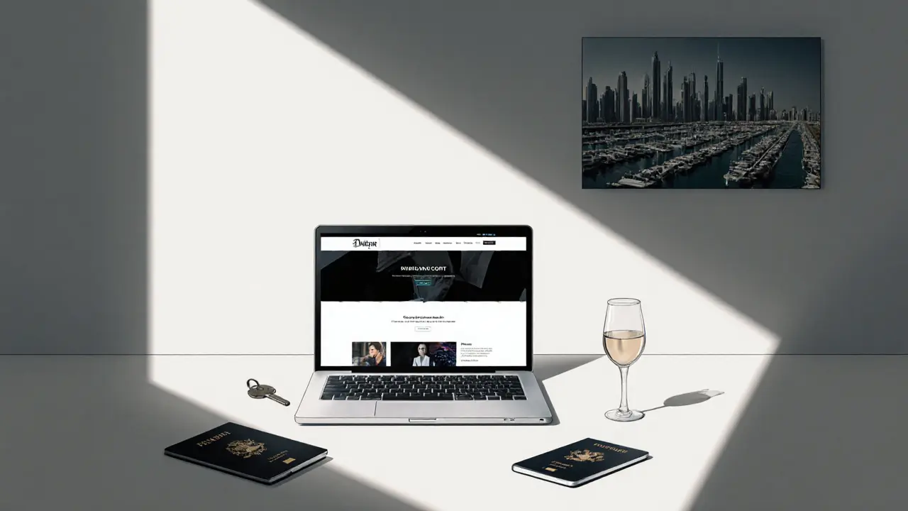 Minimalist scene with agency laptop, car key, wine glass, and Dubai skyline symbolizing discretion and luxury.