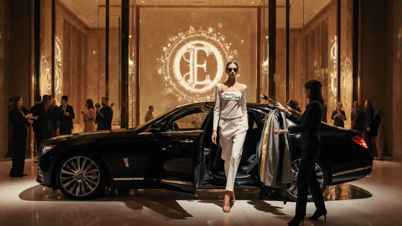 Model and stylists arrive at a luxury event in a sleek car, entering an upscale hotel lobby.