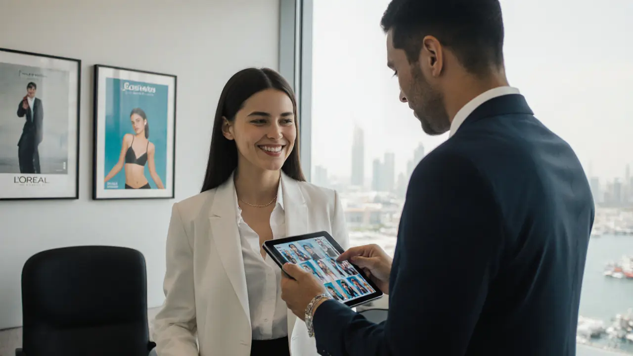 Model meeting with agency agent in a bright Dubai office surrounded by brand posters.