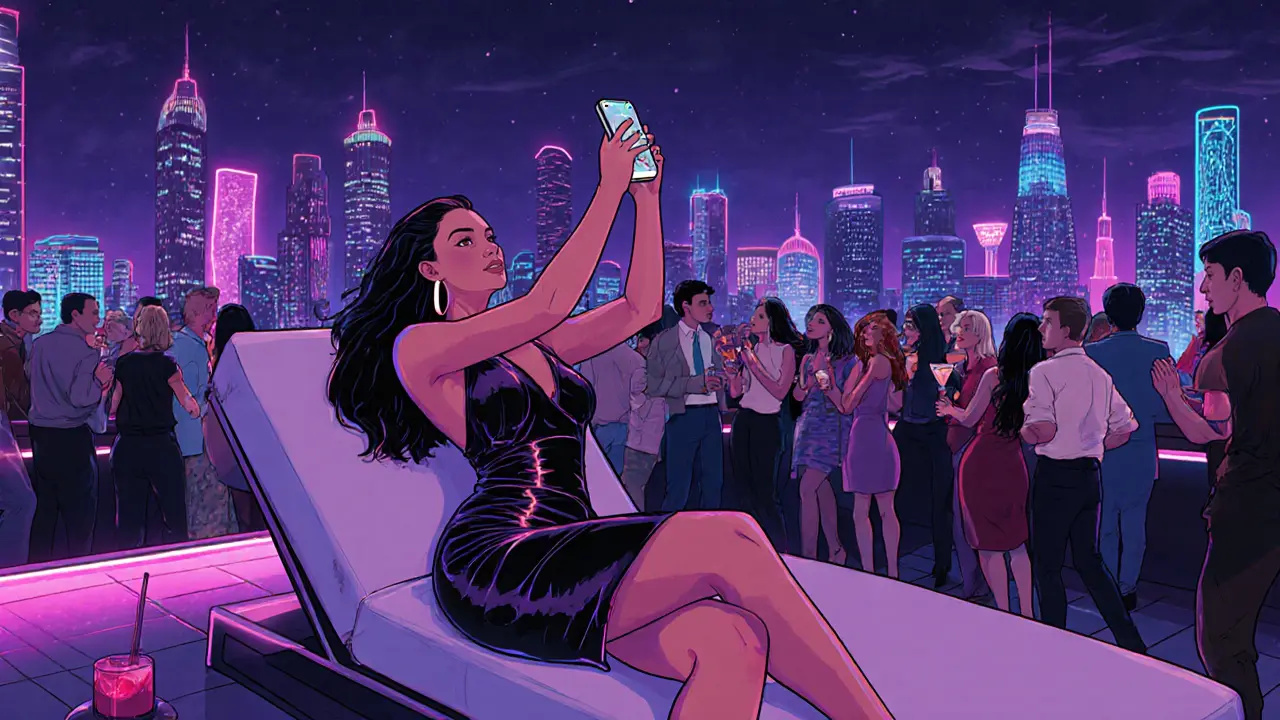 Nightlife influencer model livestreams from a rooftop bar overlooking Dubai’s illuminated skyline.
