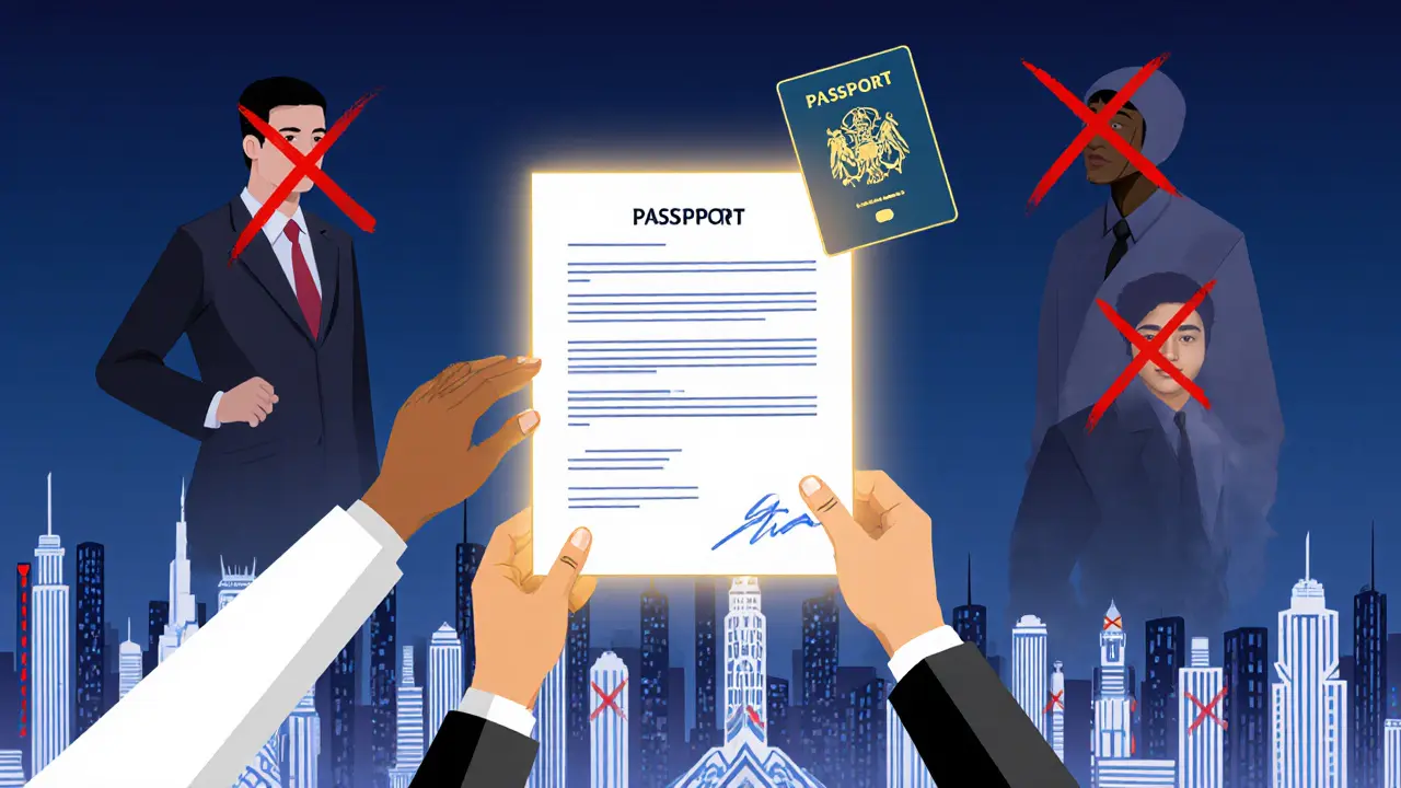 Passport and contract above Dubai skyline with diverse hands reaching, scams fading away.