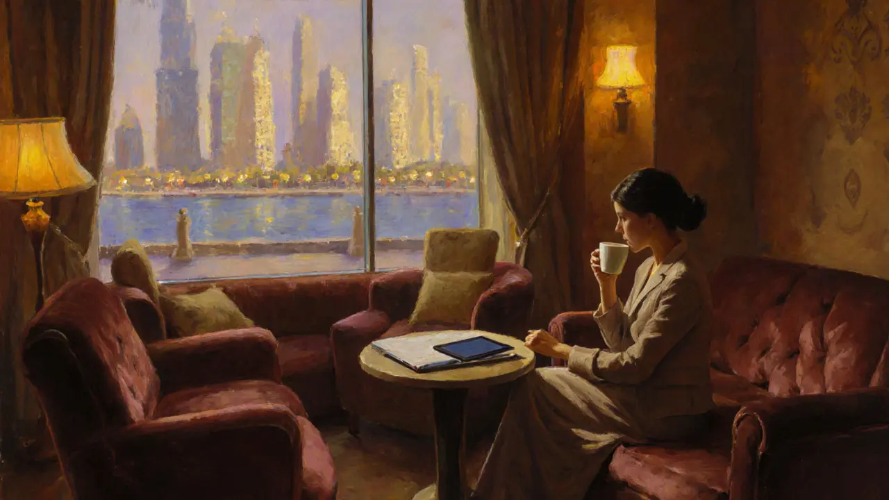Person in lounge sipping coffee, subtle tablet, Dubai promenade background.