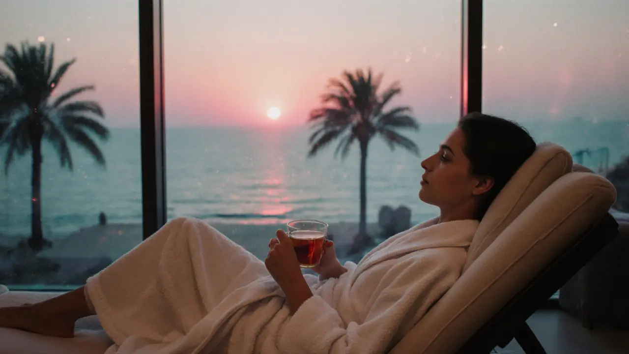 Relaxed guest in a robe sips tea, overlooking Jumeirah Beach at sunset after a massage.