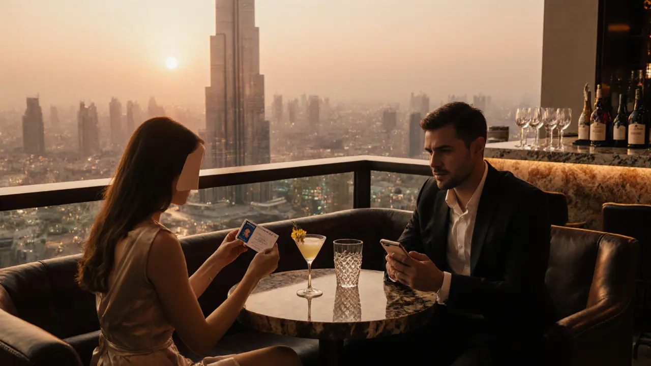 Rooftop bar at sunset with a woman showing a blurred ID and a man checking an agency card.
