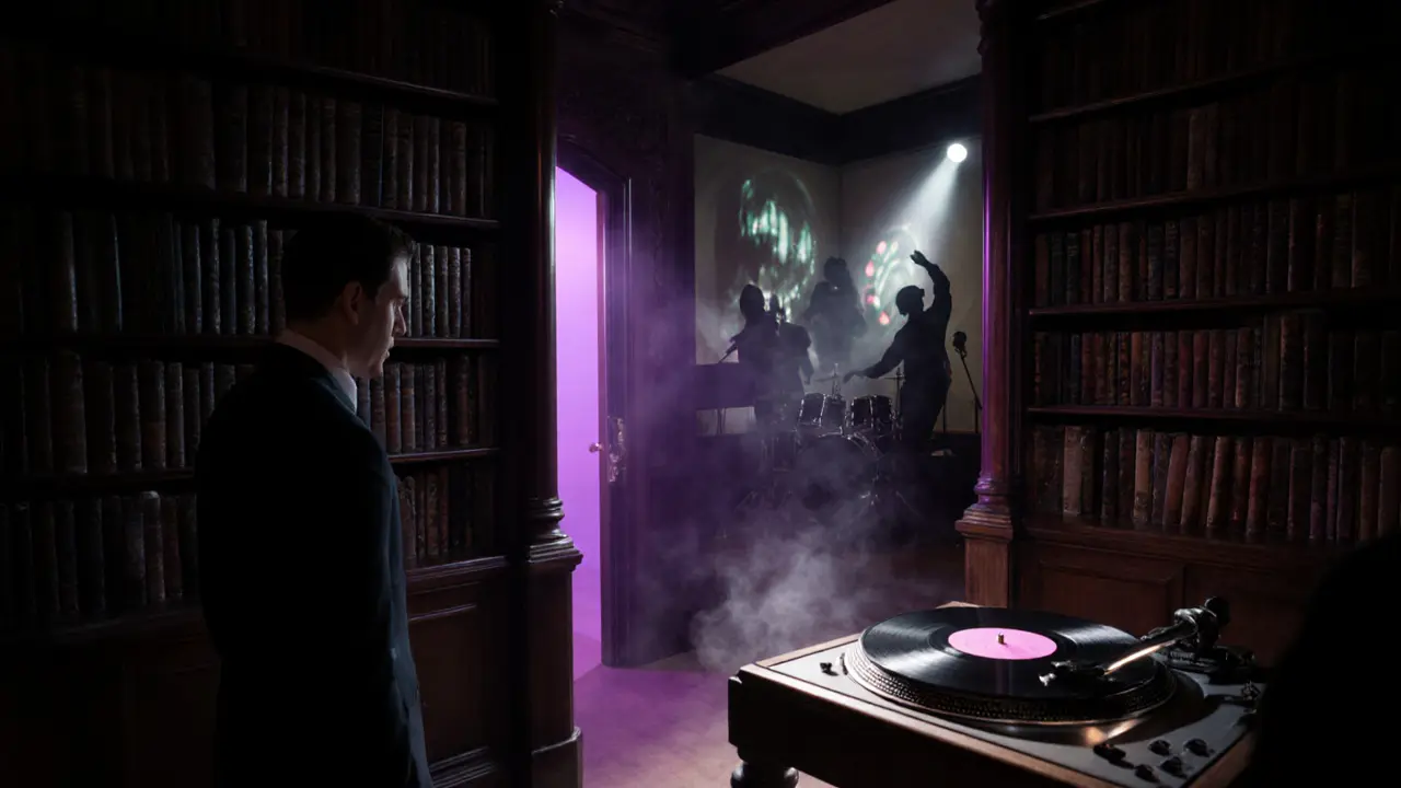 Secret nightclub entrance behind a bookshelf in a dim library, glowing purple light revealing hidden party.