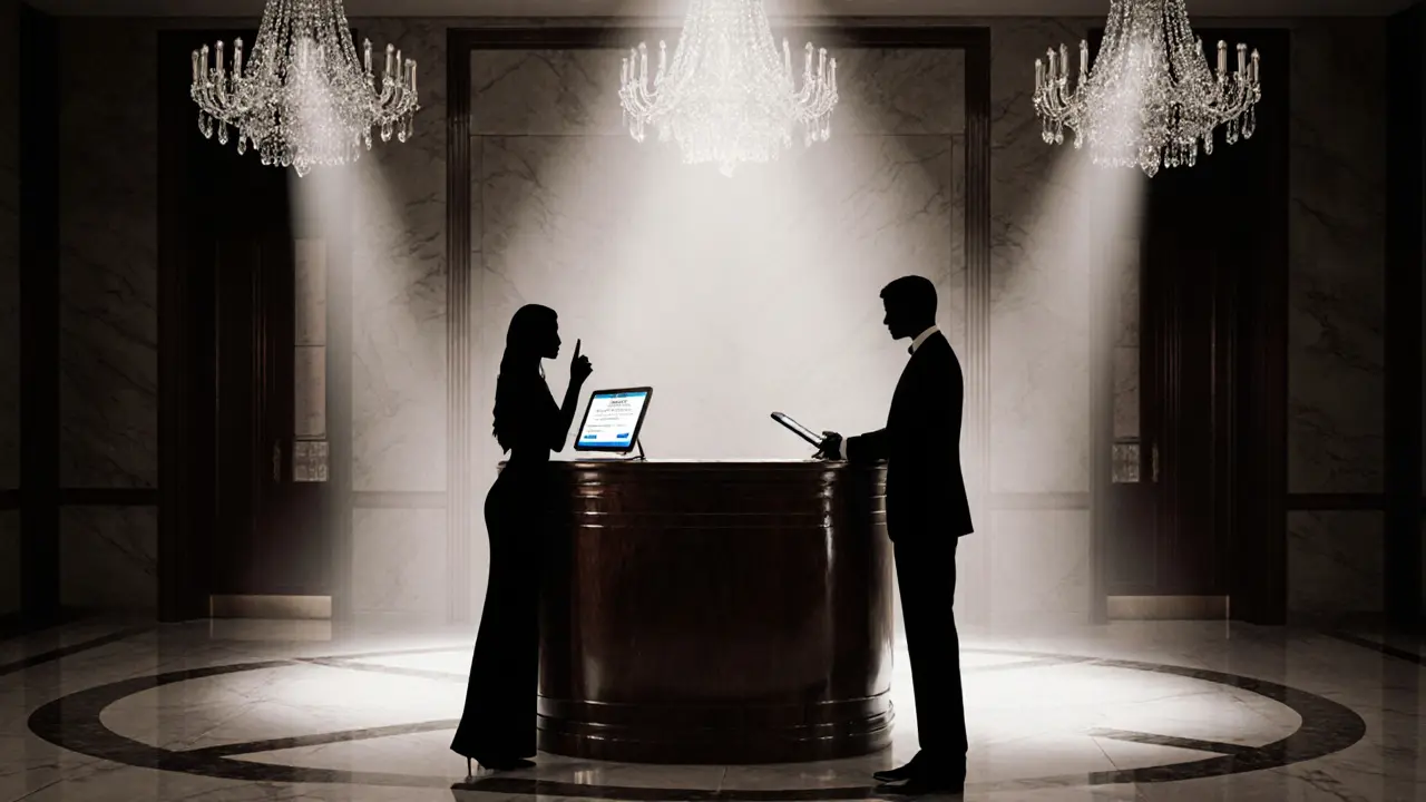 Silhouetted escort and client exchanging a discreet nod in a luxury hotel lobby.