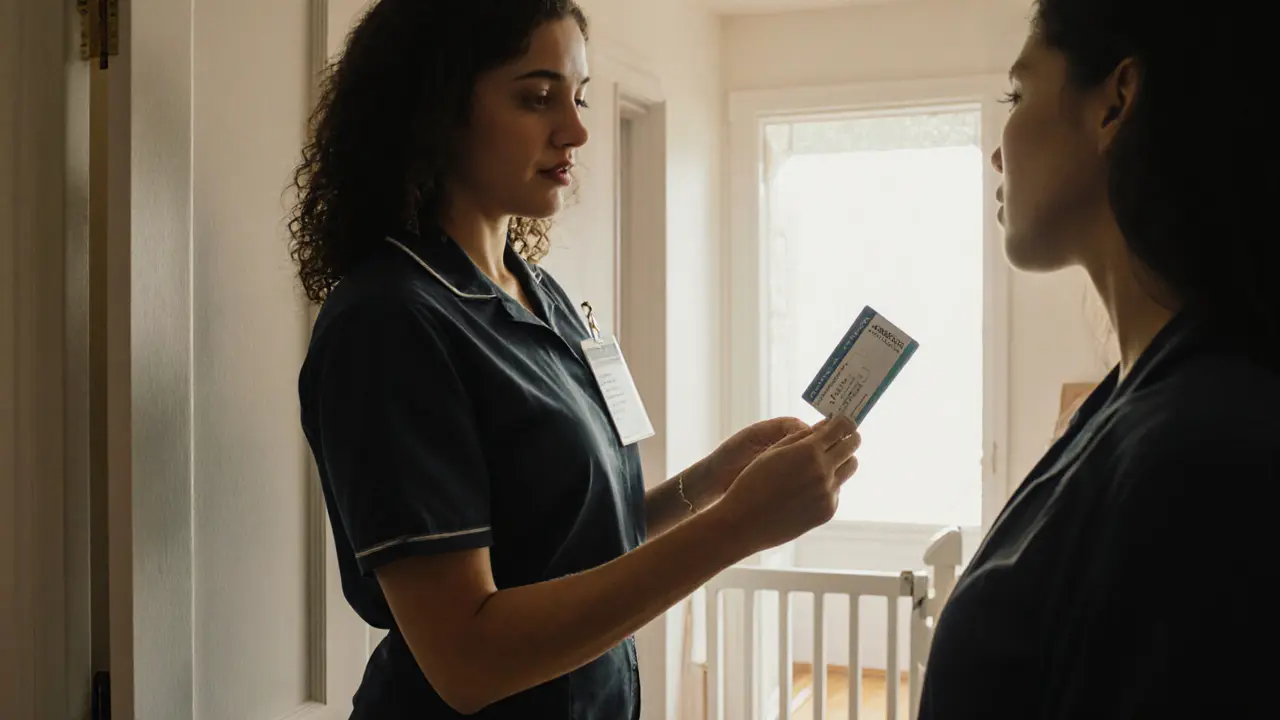 Therapist showing ID badge to client at the door, emphasizing safety for a home massage.