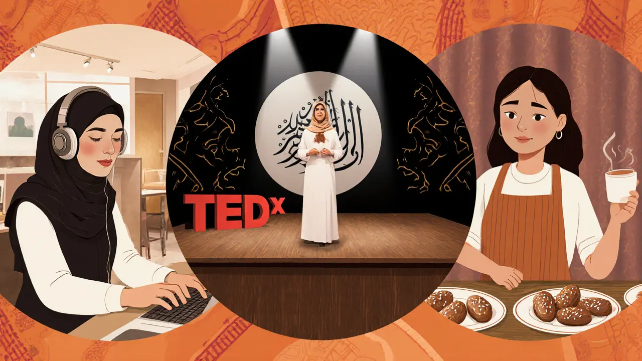 Three Emirati women in different professional roles—coding, speaking on stage, and baking—united in a circular artistic composition.