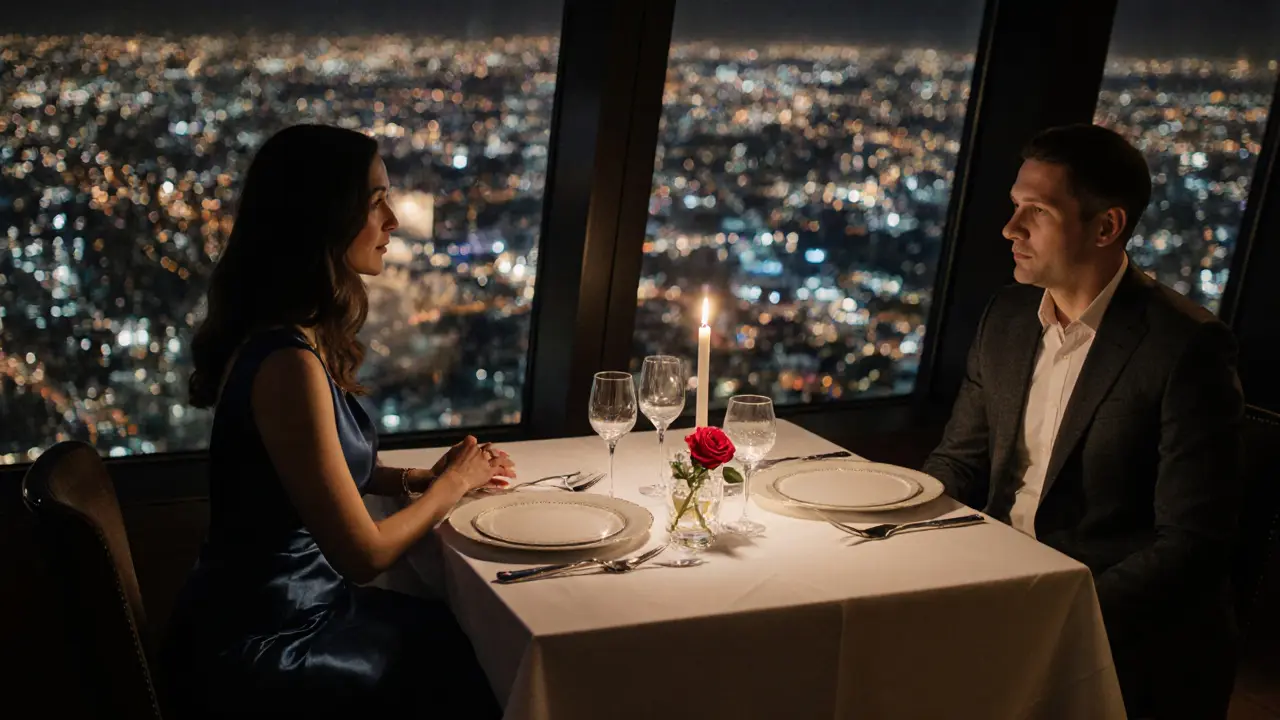 Upscale restaurant table for two with a couple dining, city lights visible through windows.