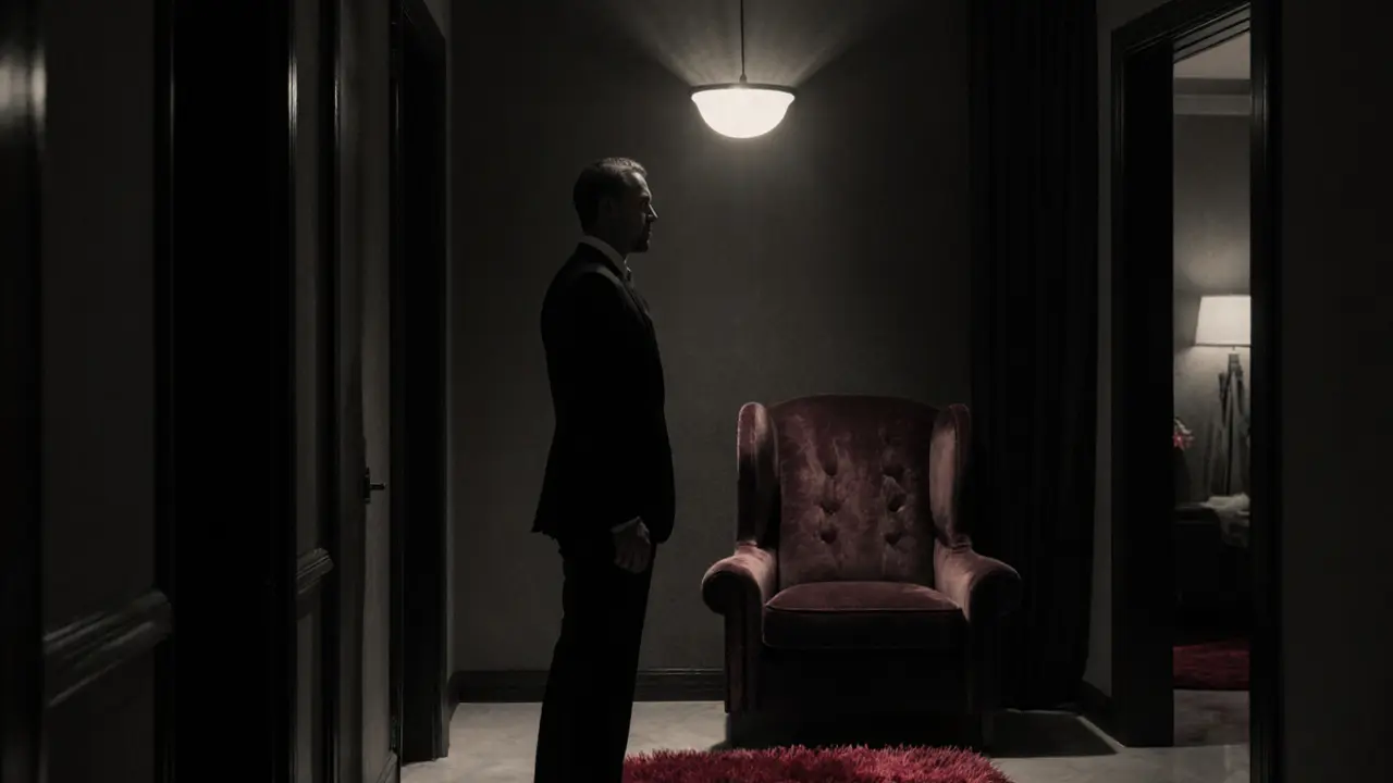 Well-dressed escort waiting in a shadowy hotel corridor beside a velvet chair.