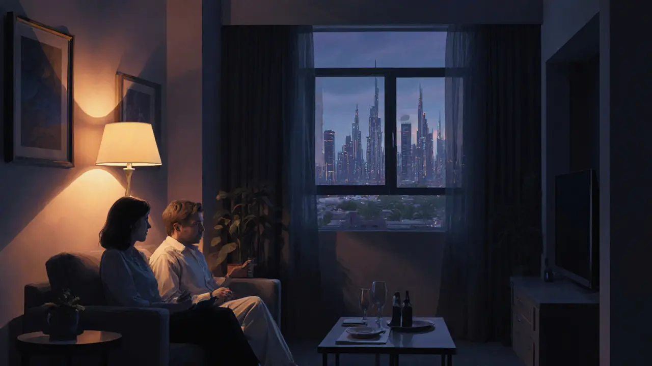 A couple talking softly in a dimly lit Dubai apartment, skyline visible through the window.