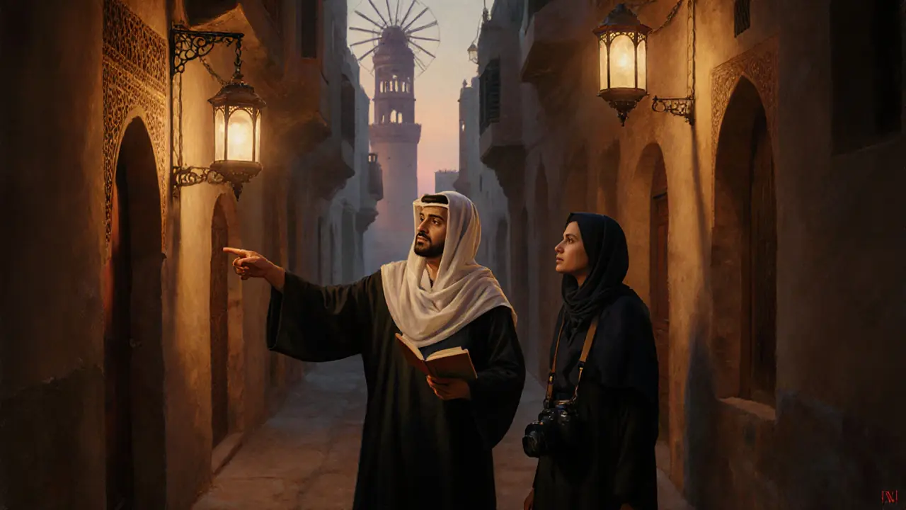 A cultural companion pointing out historic architecture in Al Fahidi District at dusk.