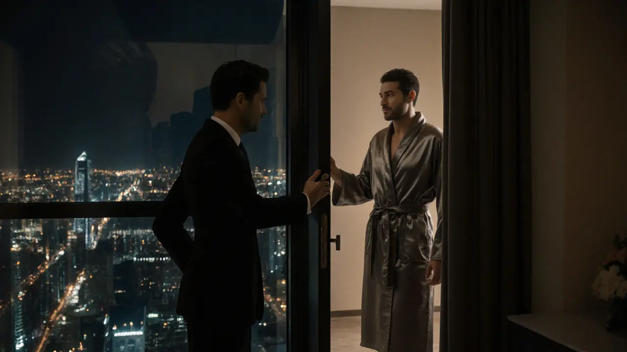 A discreet hotel outcall at night, a companion knocking gently as a traveler opens the door, city lights in the background.