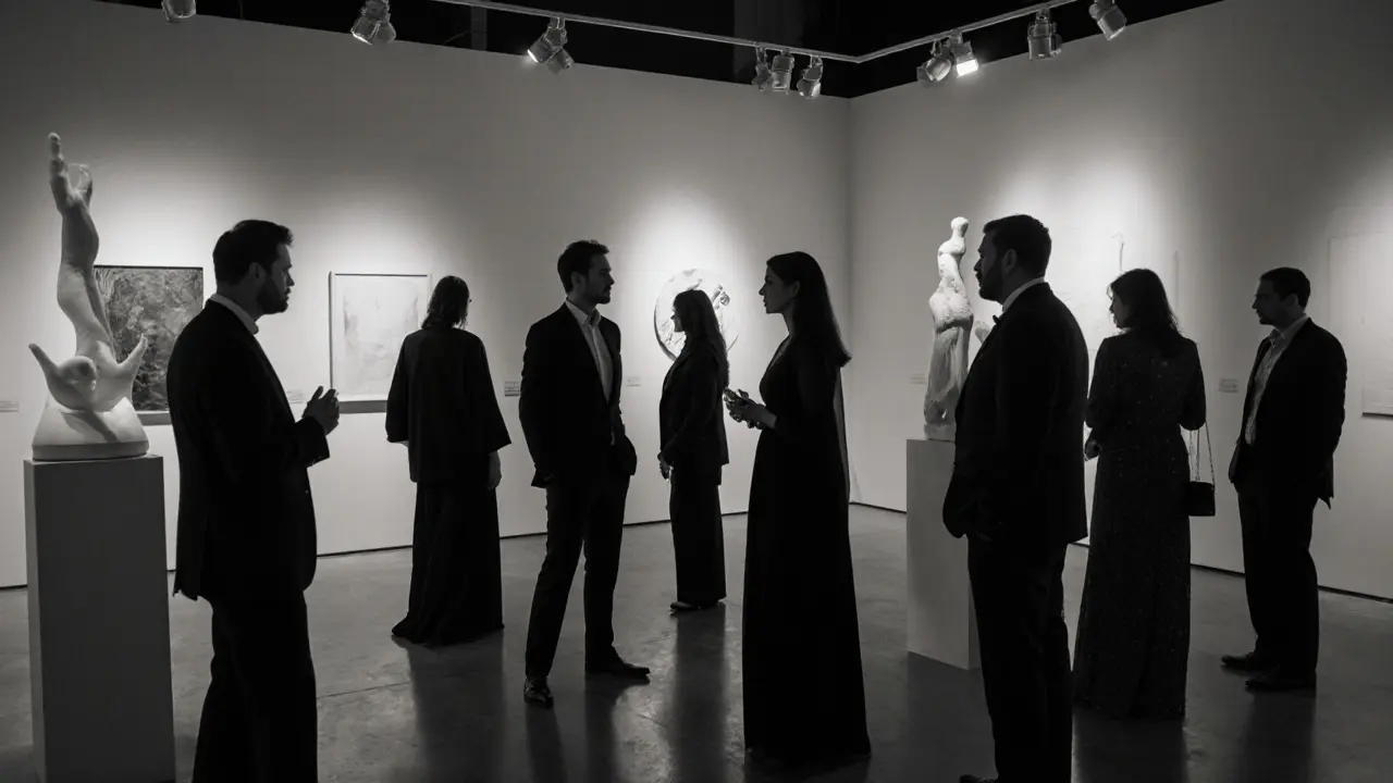 A discreet moment between two guests at an exclusive Dubai art gallery opening.