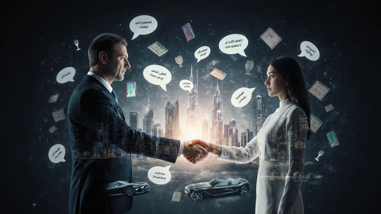 A glowing handshake symbolizing trust and intellectual connection amidst Dubai’s skyline and cultural symbols.