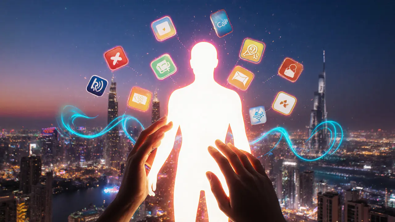 A human body as a glowing phone being calmed by hands, with Dubai’s skyline shifting from busy to peaceful.