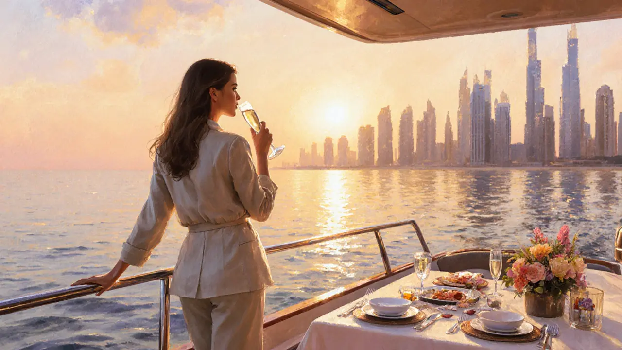 A luxury yacht at sunset on Jumeirah Beach with a refined woman sipping champagne.