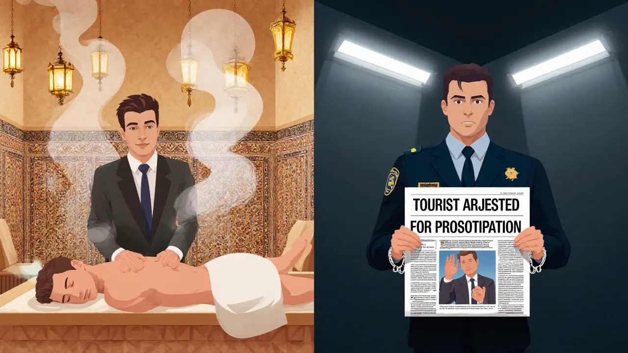 A man receiving a legal massage at a luxurious spa versus being arrested in a police station, symbolizing safe vs. illegal choices.