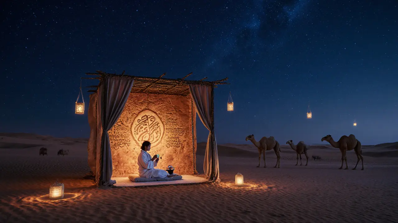 A peaceful desert spa at night under the stars, with a guest enjoying herbal tea after a massage, surrounded by floating lanterns.