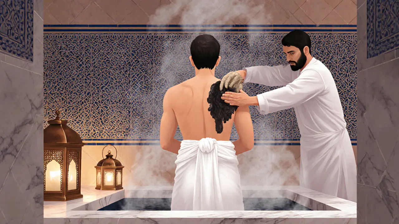 A person undergoing a traditional Arabic Hammam ritual in a steamy marble chamber with copper lanterns.