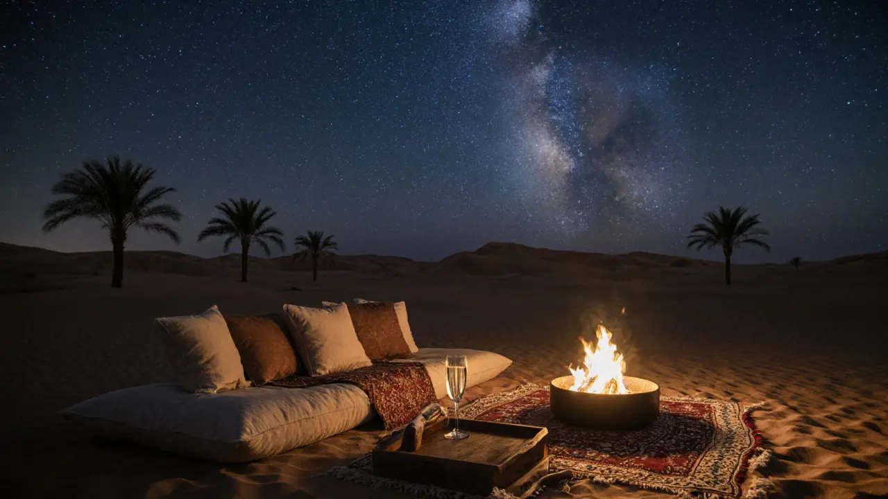 A private desert camp under a starry sky with a firepit, champagne glass, and oud instrument.