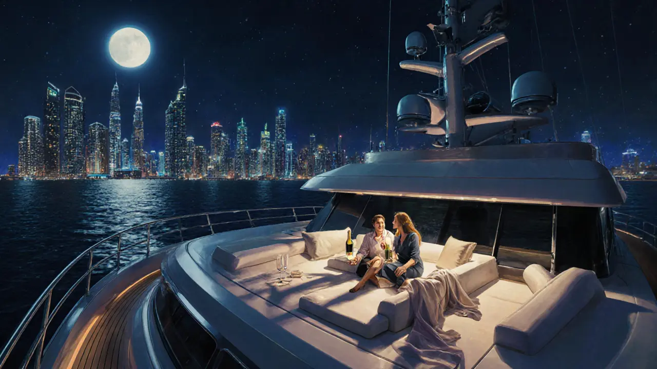 A private yacht at night in Dubai with a couple enjoying champagne under the city lights.