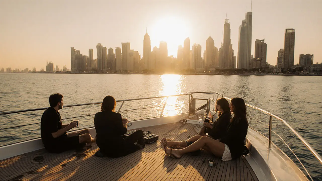 A private yacht at sunrise off Palm Jumeirah, guests sipping coffee as the Dubai skyline glows, calm ocean and no crowds visible.