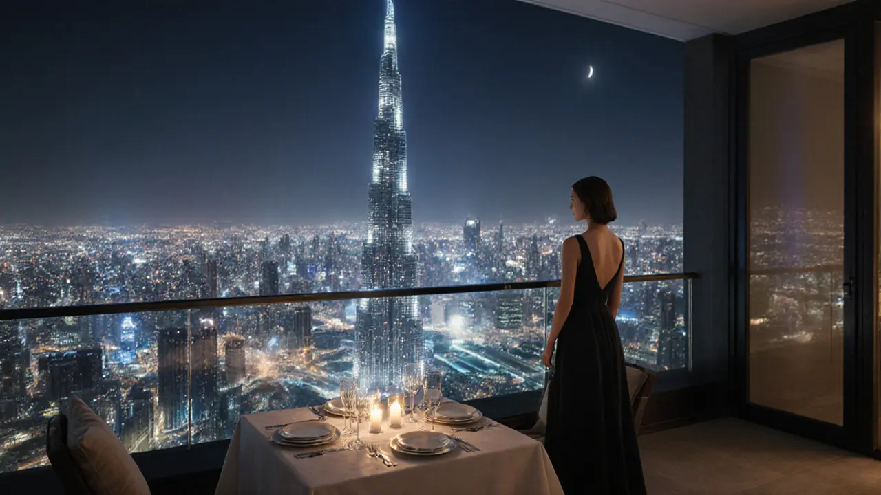 A quiet rooftop terrace in Dubai with a candlelit table and the Burj Khalifa glowing in the distance.
