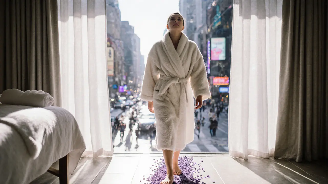 A relaxed person in a robe stepping away from a spa, leaving behind lavender petals as the city blurs into the background.